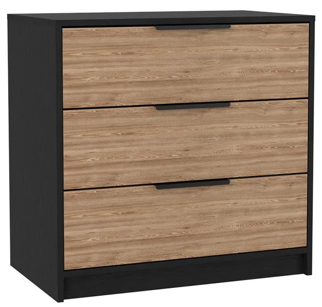 Cómoda Kaia em melamina com três gavetas e calhas metálicas 68,7 x 70 x 41,3 cm, preto/mel