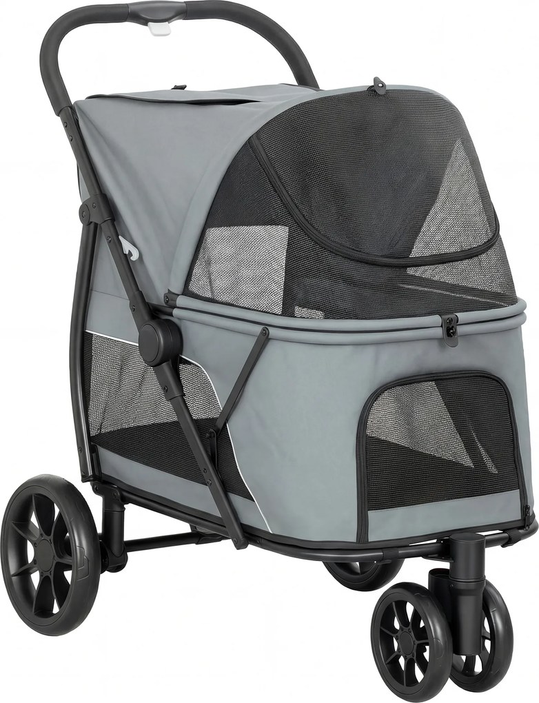 PawHut Carrinho para Cães Dobrável com 3 Rodas Janelas de Rede Almofada Lavável Todo-o-Terreno Carga 20 kg 92x63x95 cm Cinzento | Aosom Portugal