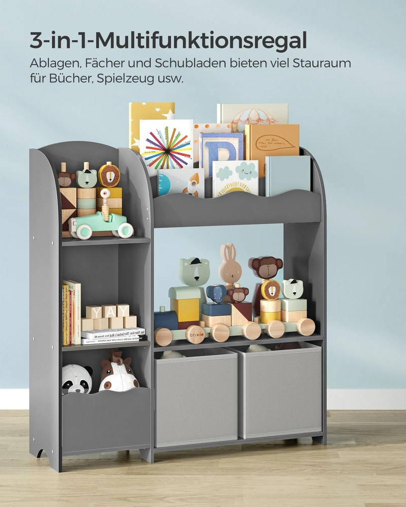 Estante para crianças com 2 caixas para brinquedos e livros 30 x 93 x 100 cm Cinzento