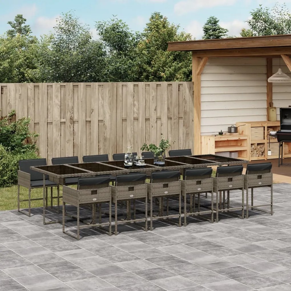 13 pcs conjunto jantar p/ jardim c/ almofadões vime PE cinzento