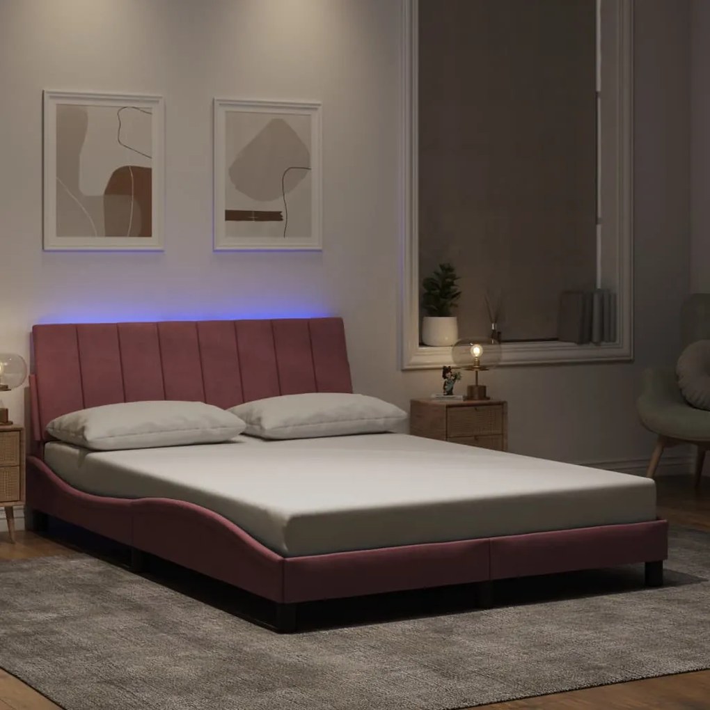 vidaXL Estrutura de cama c/ luzes LED 140x190 cm veludo rosa