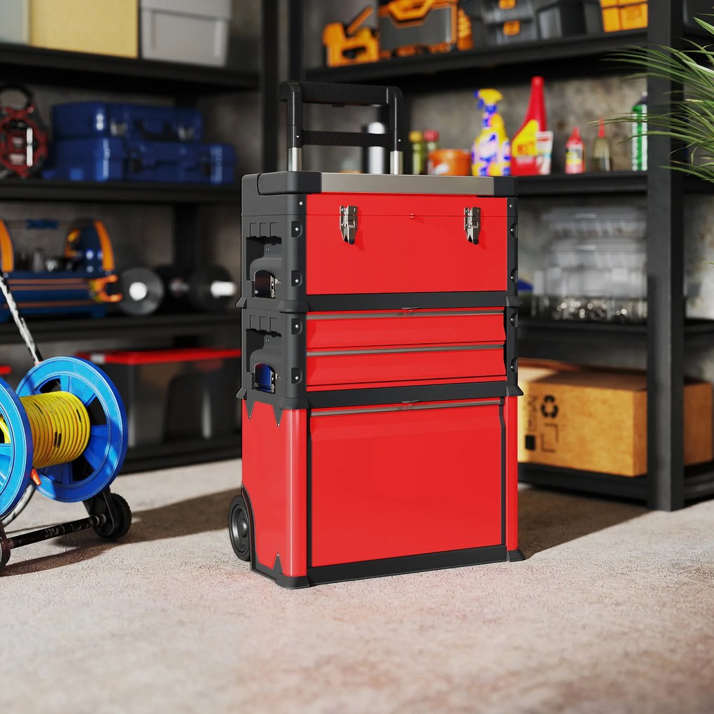 Conjunto de 3 caixas de ferramentas com rodas, empilháveis e modulares, em aço, com tabuleiro, pegas e fechadura, vermelhas
