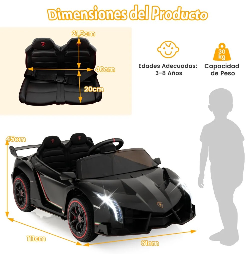 Carro Elétrico para Crianças 3-8 Anos Lamborghini 12V com Controlo Remoto 3 Velocidades Luzes LED Rodas e Música Preto