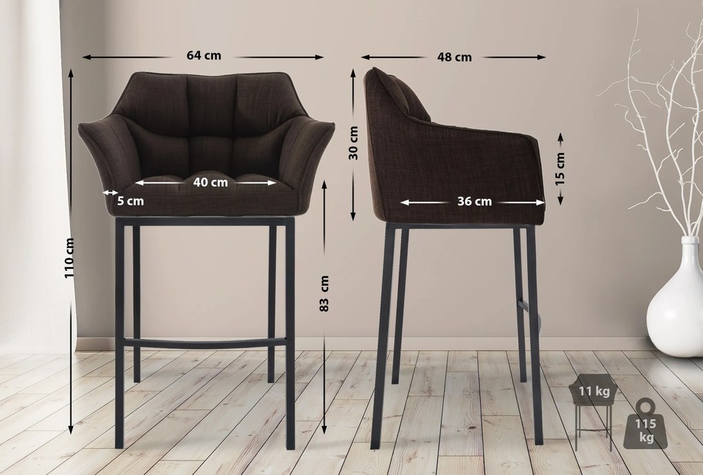 Banco de bar Damaso em tecido e com estrutura preta 64 x 110 x 48 cm Castanho
