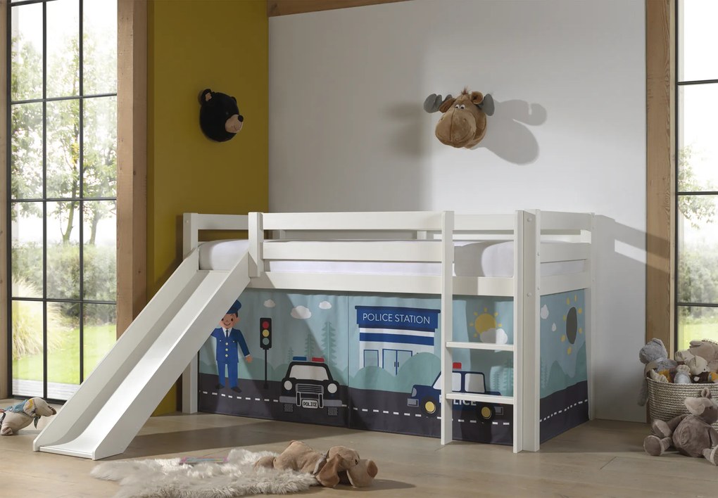Cama alta de Criança PINO 90 x 200 cm + estrado + escada + escorrega + cortina Policia Branca