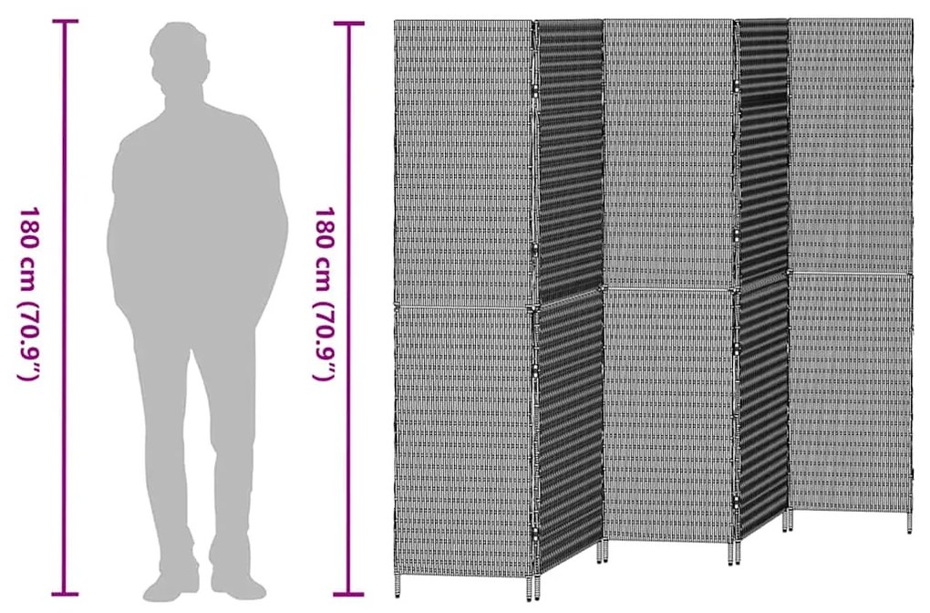 Divisória de Ambiente 5 Painéis Dobrável Bege 245x180 cm Polirattan
