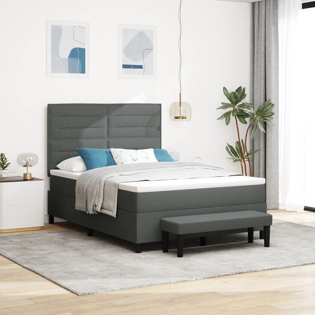 vidaXL Cama Box Spring com Colchão &amp; Banco Cinza Escuro 140x200 cm Tecido