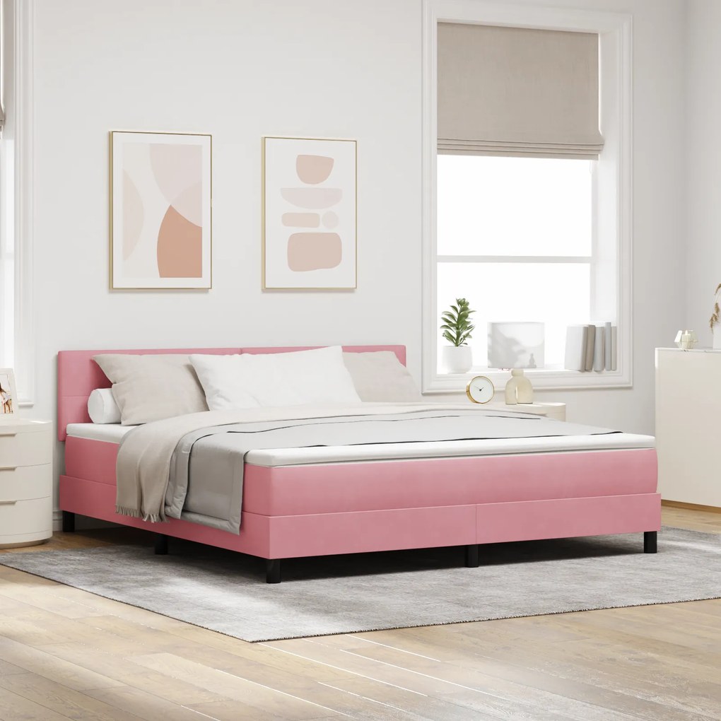 Cama Box Spring com Colchão Rosa Super King Veludo