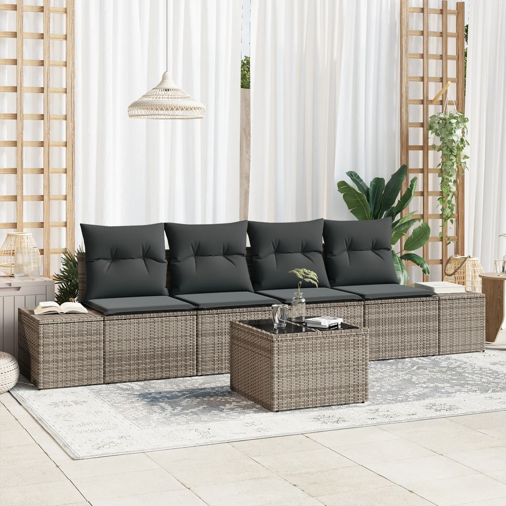 Conjunto de Sofá Jardim 5 Peças com Almofadas Cinza Polirattan