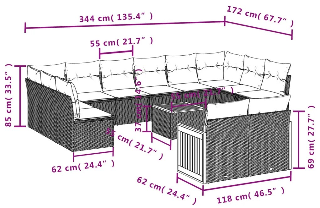13 pcs conjunto sofás p/ jardim c/ almofadões vime PE cinzento