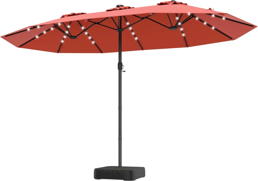 Guarda-sol duplo 460 x 285 cm com 48 luzes LED, 3 aberturas de ventilação, 12 varas, base e manivela para jardim, terraço e piscina – Laranja