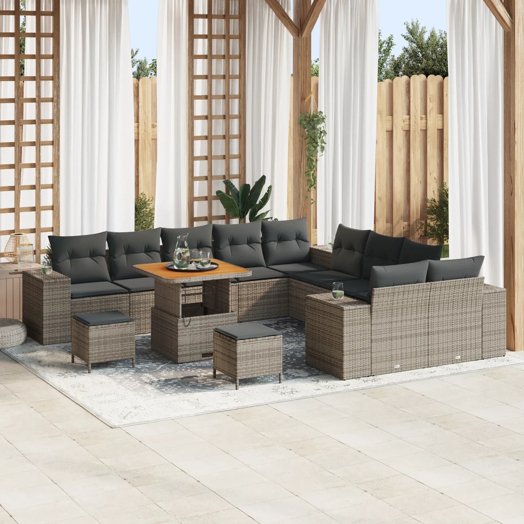 Conjunto de Sofá de Jardim de 13 Peças com Almofadas Cinzas Rattan Sintético Acácia