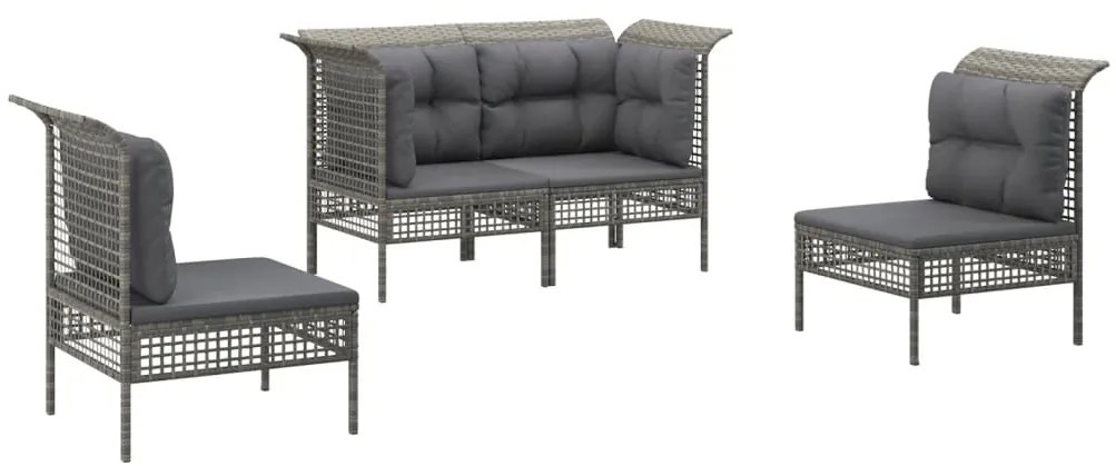4 pcs conjunto lounge de jardim c/ almofadões vime PE cinzento