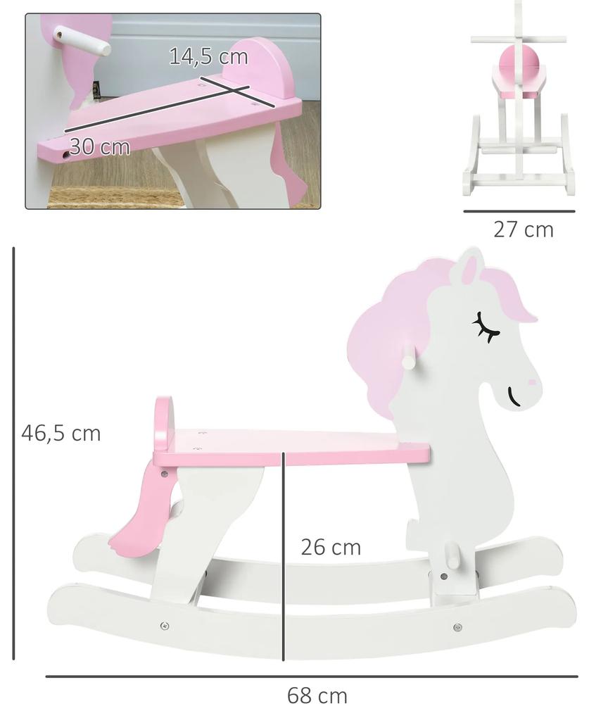 Cavalo Baloiço para Crianças de 1-3 Anos Cavalo Baloiço de Madeira com Guiador e Apoio para os Pés Carga Máxima 50kg 68x27x46,5cm Branco e Rosa