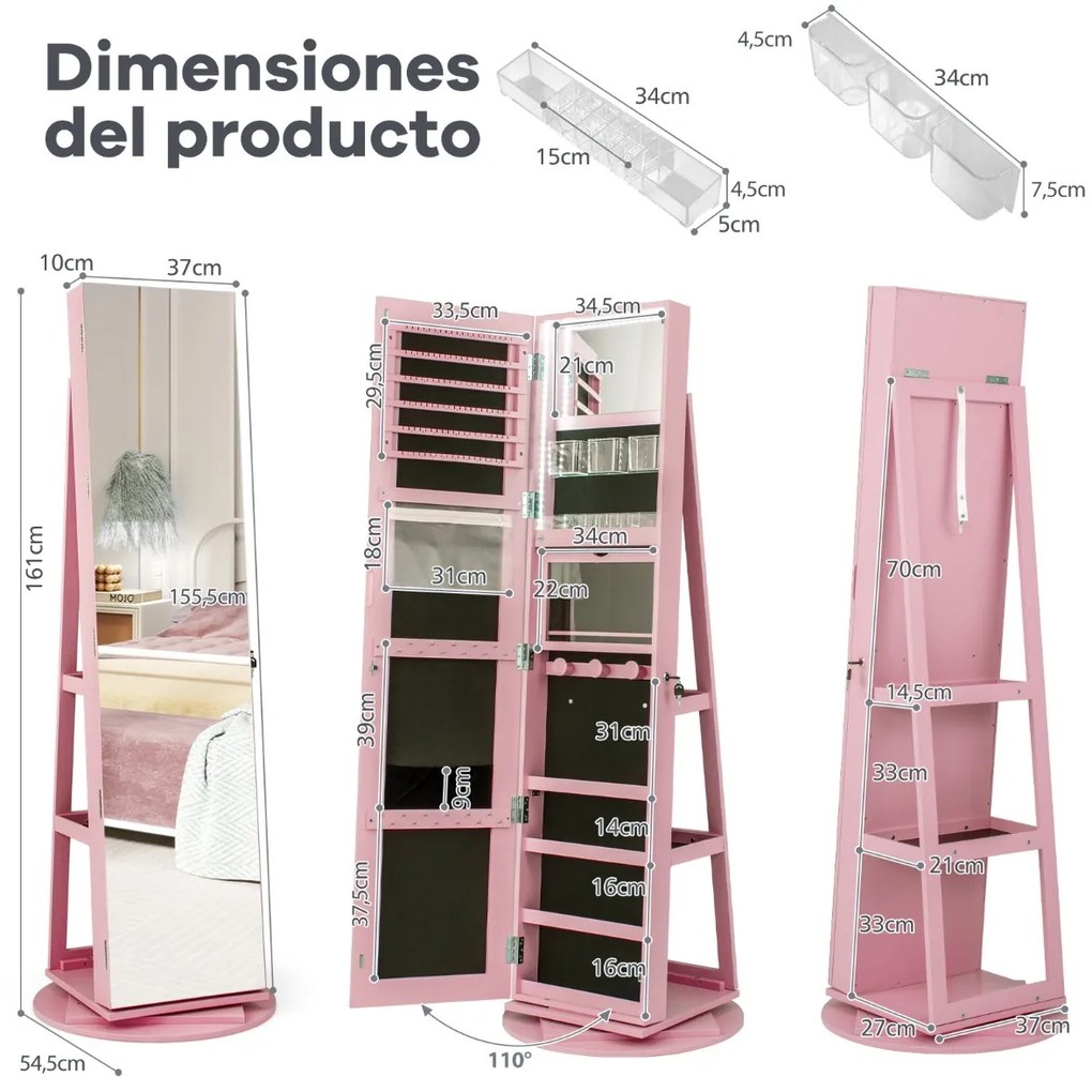 Armário joias giratório 360° com luzes LED Espelho de corpo inteiro Prateleiras de armazenamento 54,5 x 161 cm Rosa