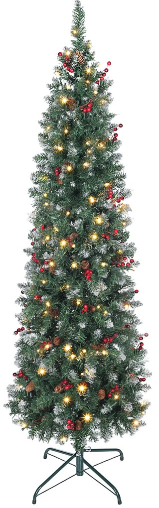 Árvore de Natal Slim 180 cm com Luzes LED 8 Modos de Iluminação 461 Ramos com Purpurina Prateada Pinhas e Bagas Verde