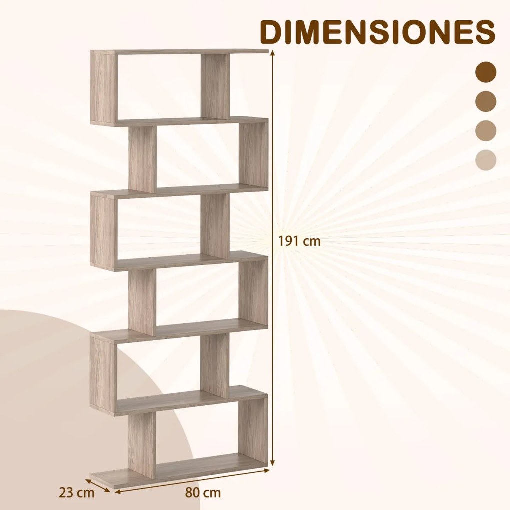Estante de livros 80 x 23 x 191 cm de 6 níveis em forma de S de madeira para escritório ou sala de estar Cinzento