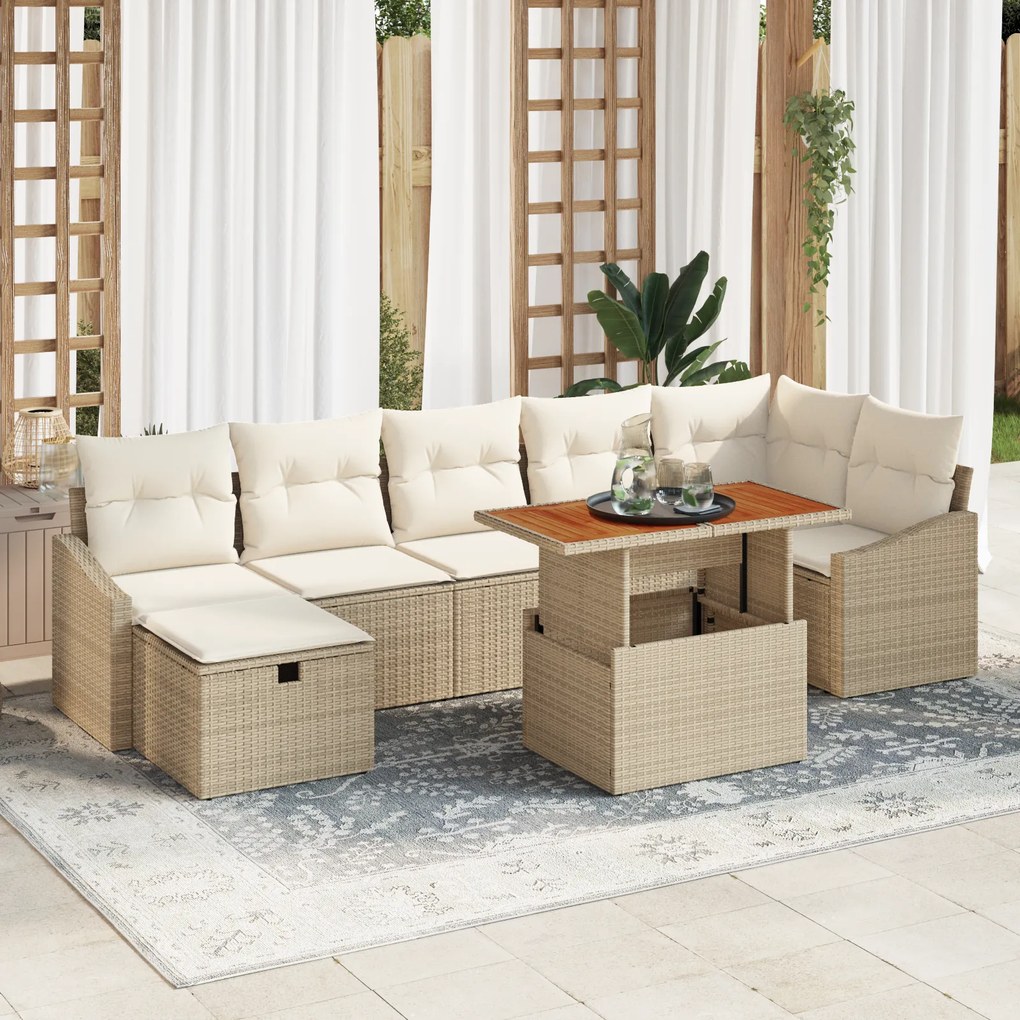 Conjunto de Sofá de Jardim 8 Peças com Almofadas Bege Rattan Poliéster