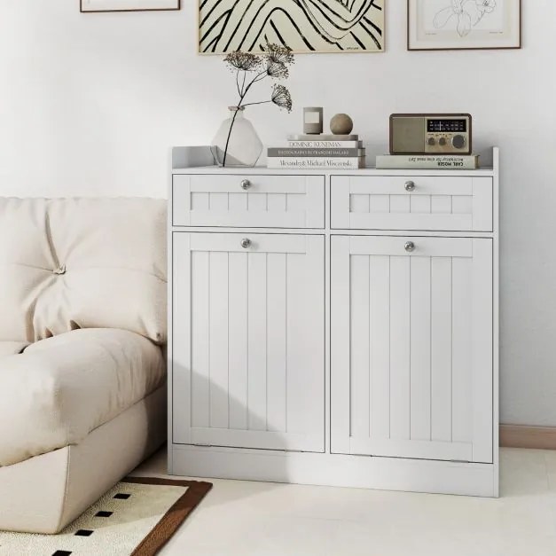 Armário para roupa suja 79 x 40 x 80 cm com dupla inclinação com Estante, 2 gavetas e 2 sacos para roupa suja removíveis Branco