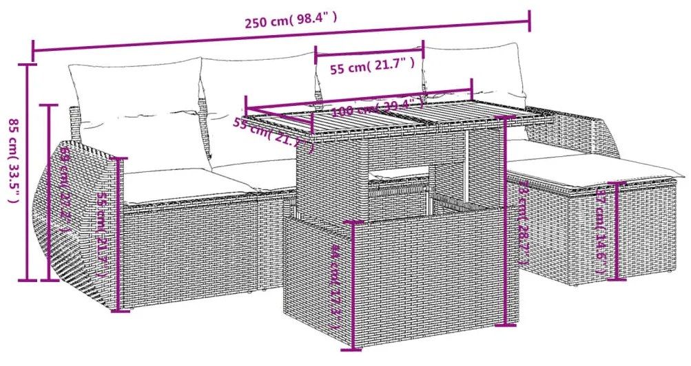 6 pcs conjunto sofás de jardim c/ almofadões vime PE preto