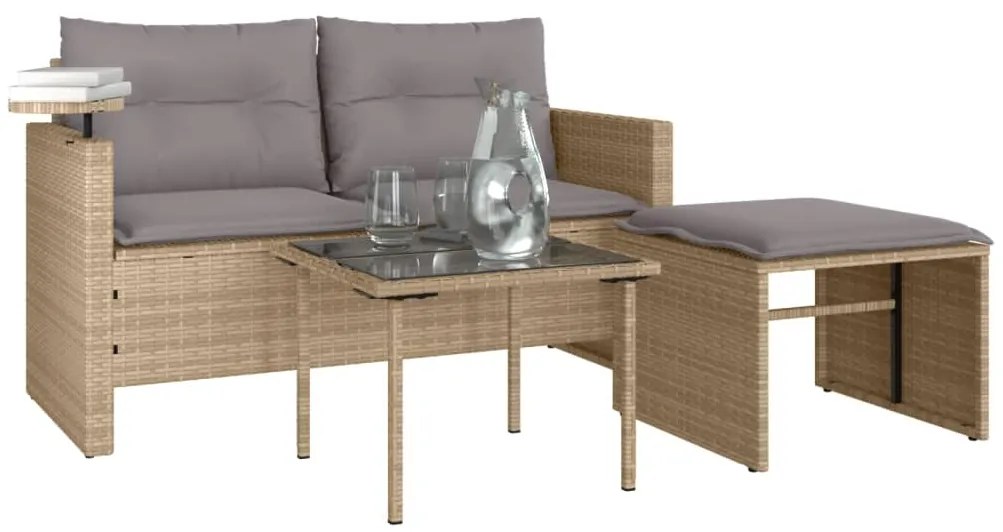 3 pcs conjunto de sofás p/ jardim com almofadões vime PE bege