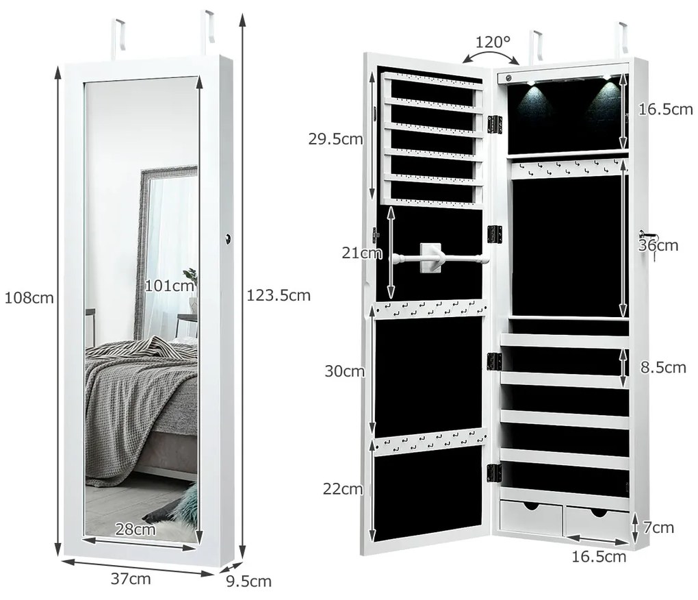 Guarda Jóias C/ Espelho Corpo Inteiro Montado na Parede com 2 Luzes LED Organizador de Jóias de Corpo Inteiro 37 x 9,5 x 108 cm Branco
