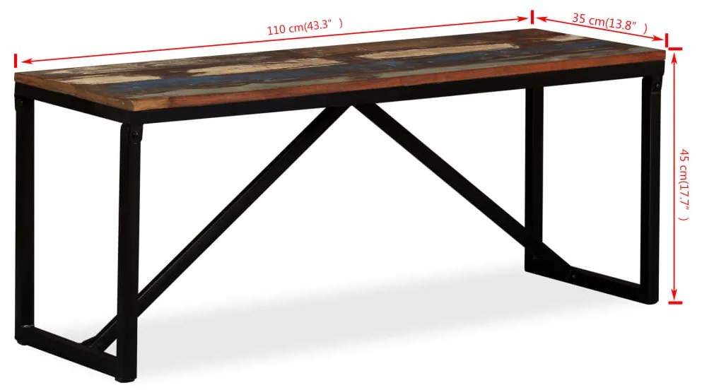 Banco em madeira recuperada maciça 110x35x45 cm