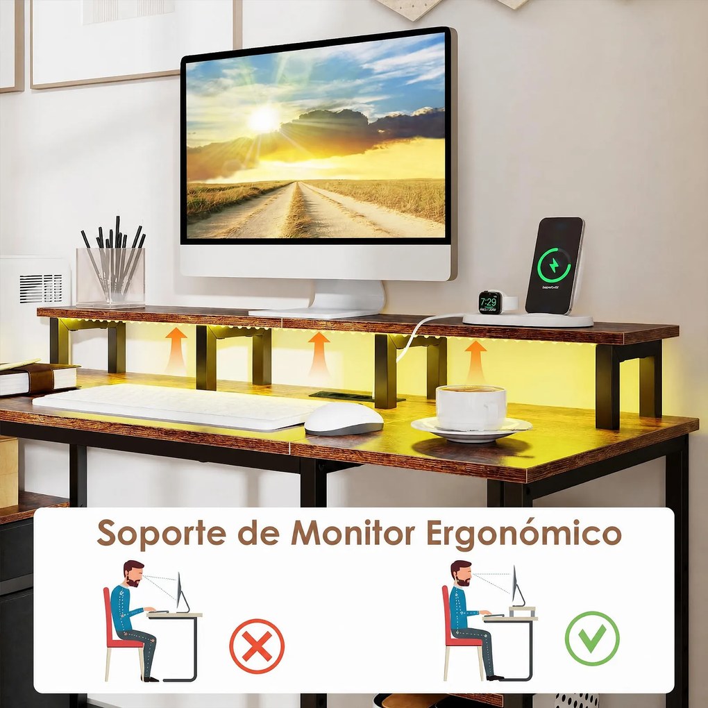 Secretária Gaming, 147,5 x 45,5 x 86 cm, Estação de Carregamento Integrada, Castanho