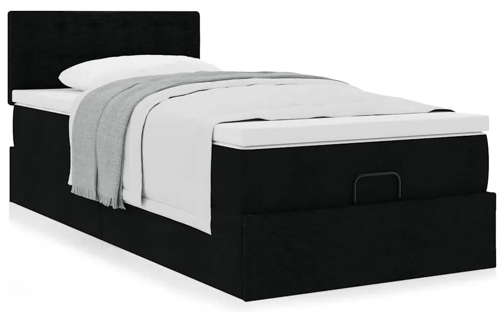 Estrutura de cama otomana com colchão preto tecido