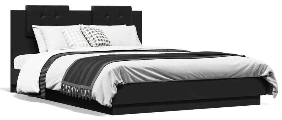 3210004 vidaXL Estrutura de cama com cabeceira e luzes LED 150x200 cm preto