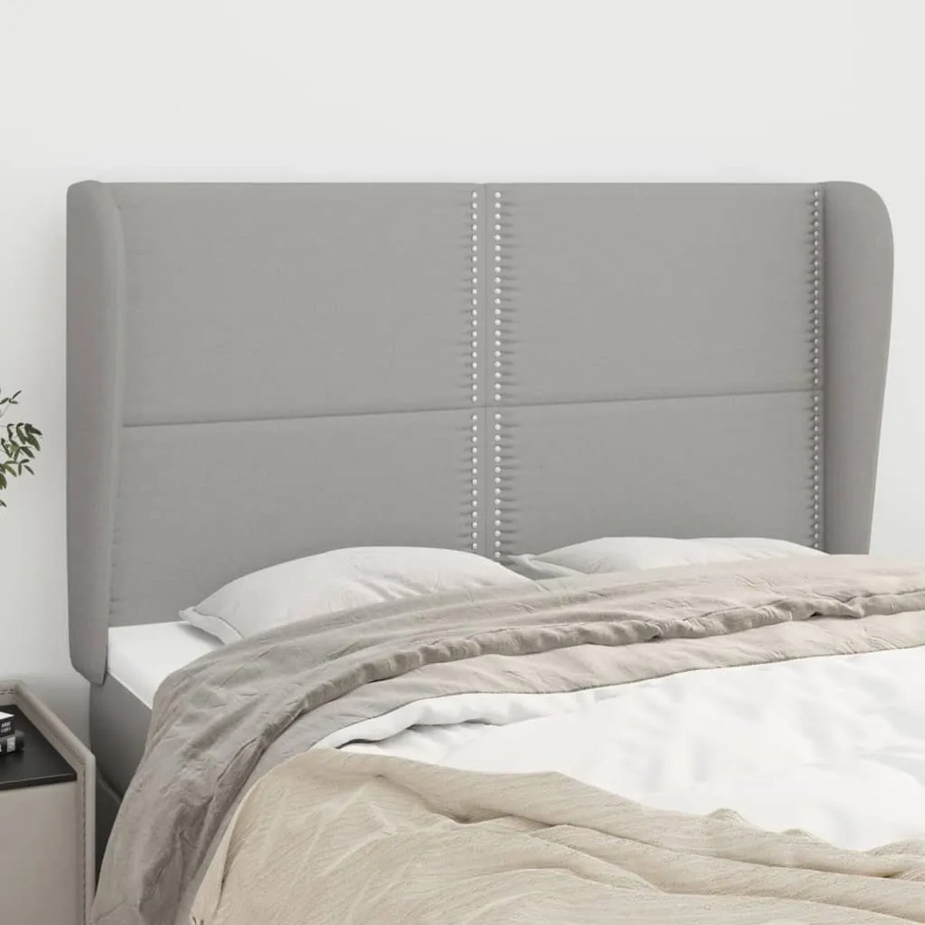 vidaXL Cabeceira de cama c/ abas tecido 147x23x118/128cm cinza-claro