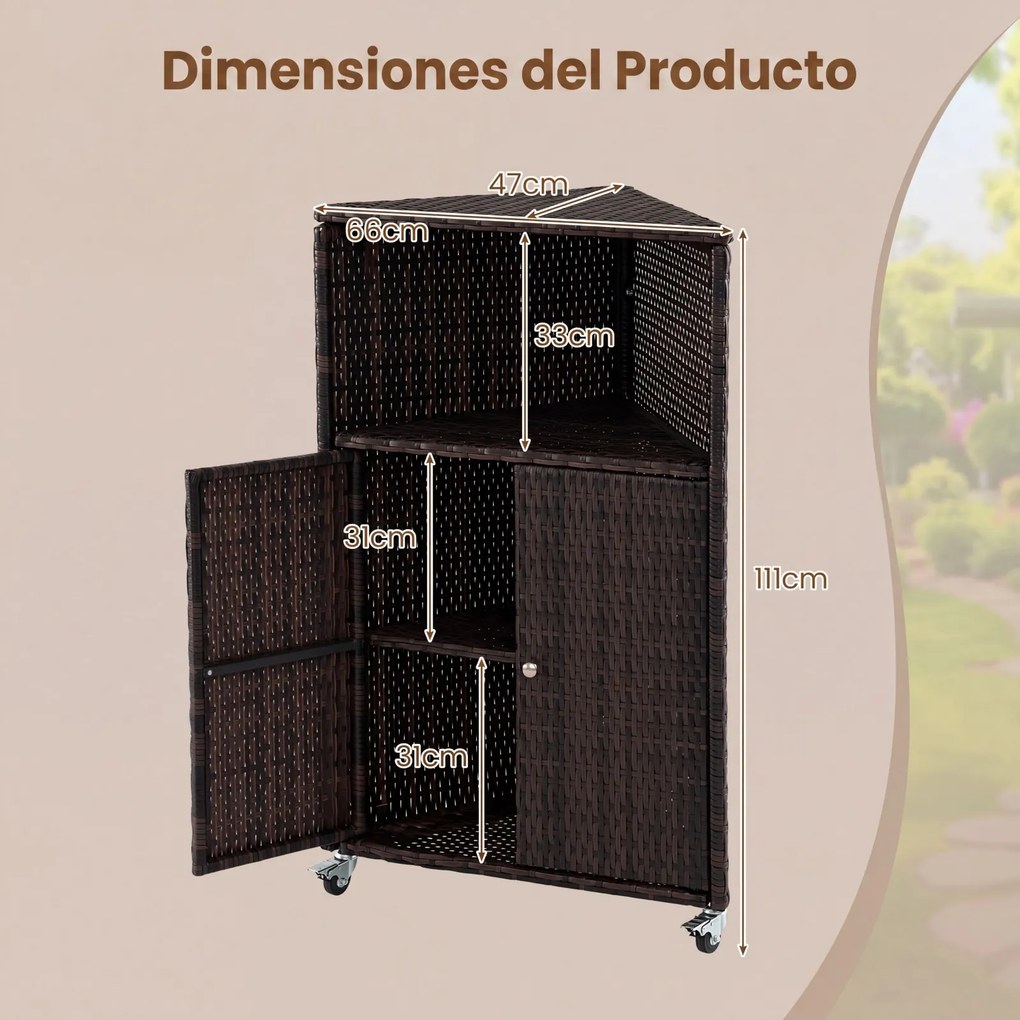 Armário de rattan para exterior com rodas 66 x 47 x 111 cm, compartimento aberto de 2 níveis com portas, aparador com rodas para jardim e terraço, Cas