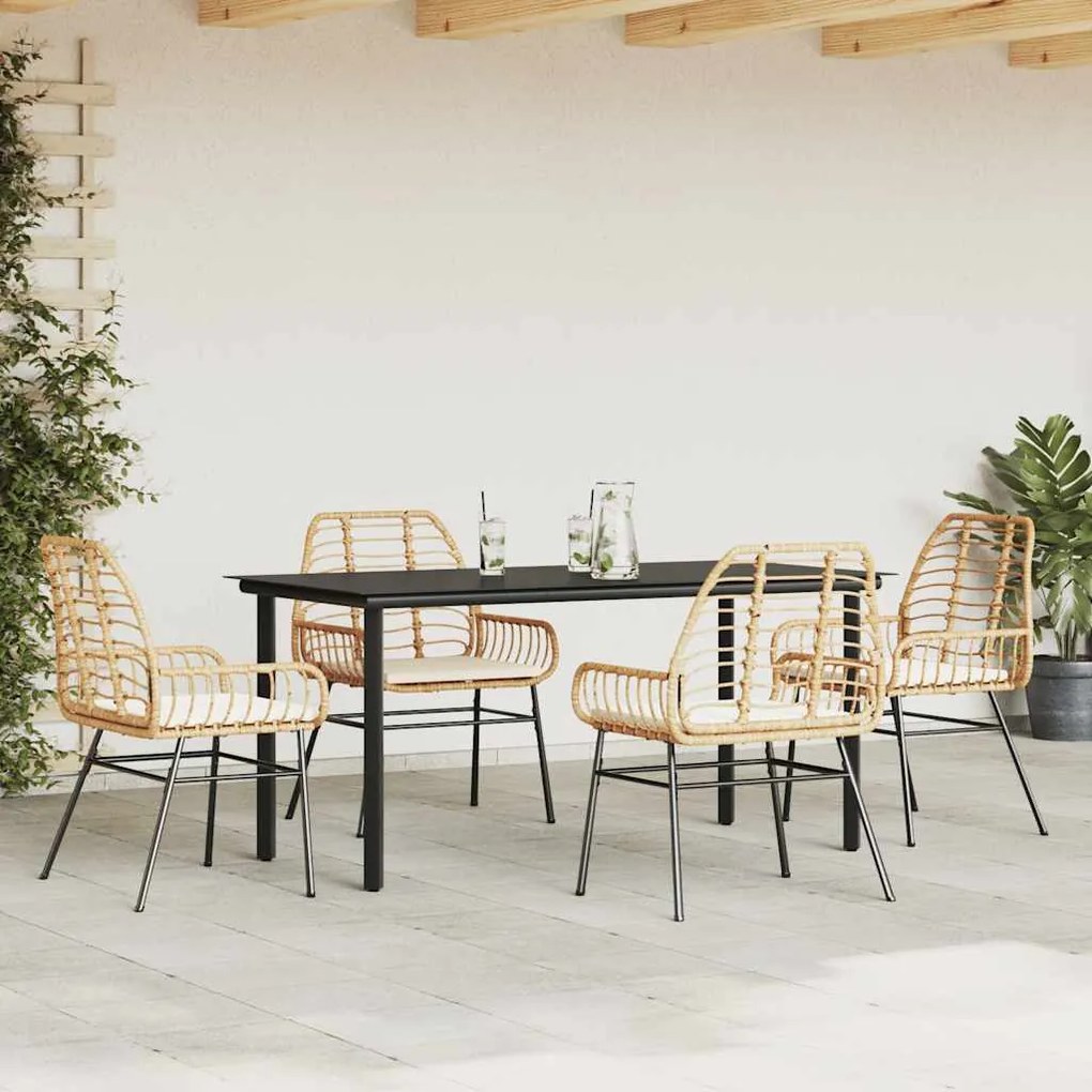 Conjunto jantar jardim 5 peças almofadas vidro vime PE castanho