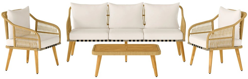 Outsunny Conjunto Jardim Vime Almofadas Móveis Exterior Poltronas Sofá 3 Lugares Mesa Design Moderno Creme Madeira | Aosom Portugal