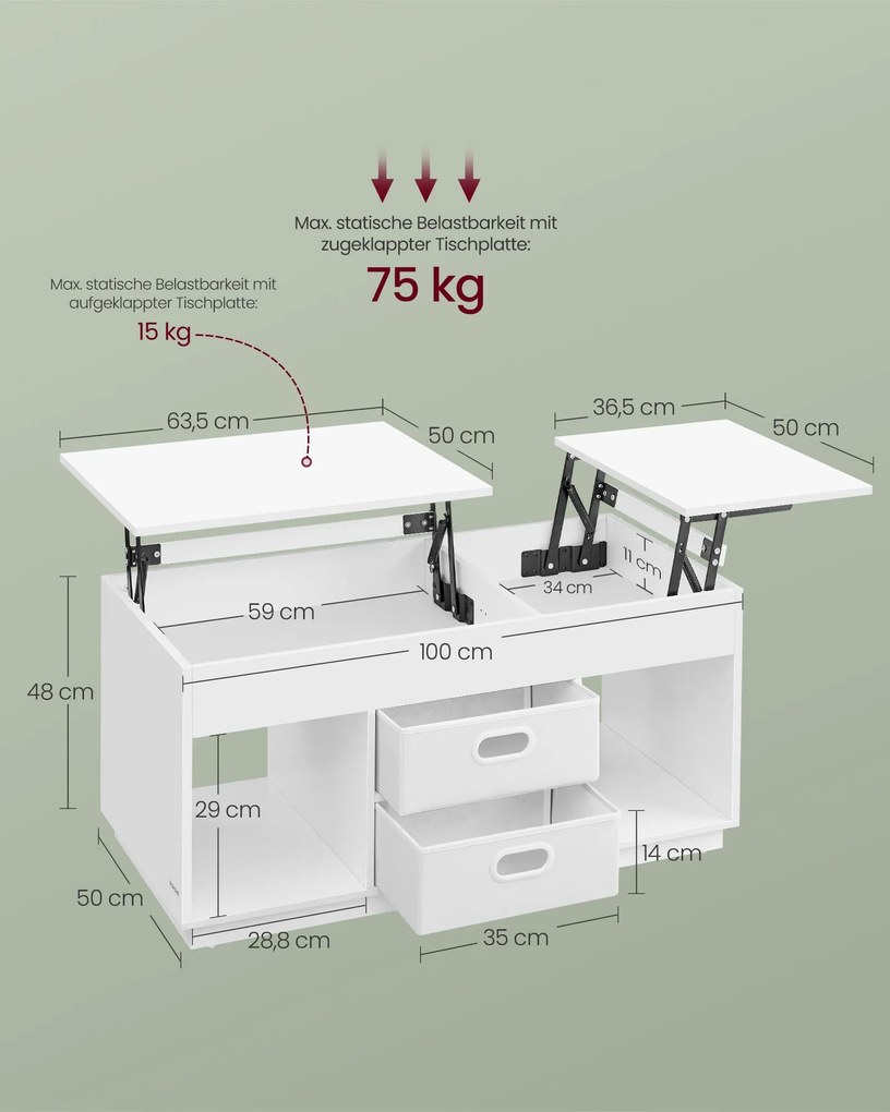 Mesa de centro com 2 gavetas e compartimentos 50 x 100 x 48 cm/62,3 cm Branca