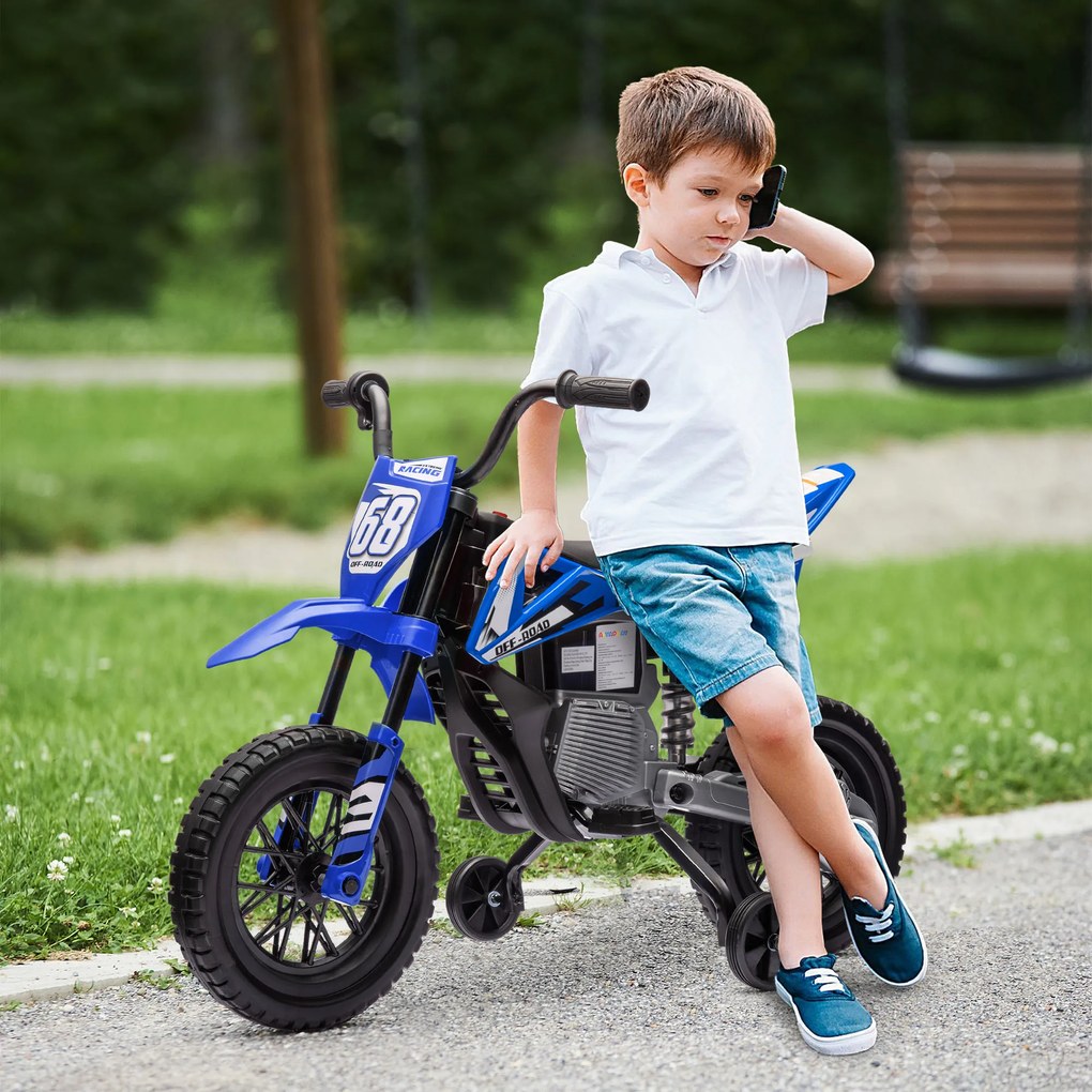 Moto elétrica para crianças, moto de motocross para crianças dos 3 aos 6 anos, 2 motores, 12 V, velocidade máxima de 5 km/h, 107 x 56 x 70 cm, azul