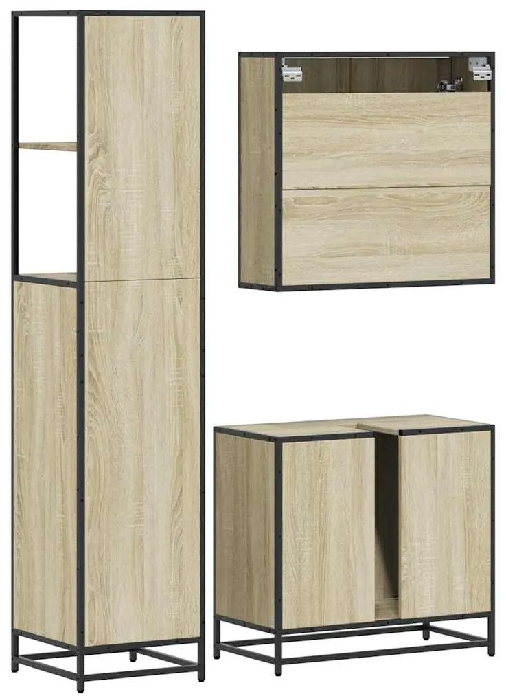 3 pcs conj. móveis casa banho derivados madeira carvalho sonoma
