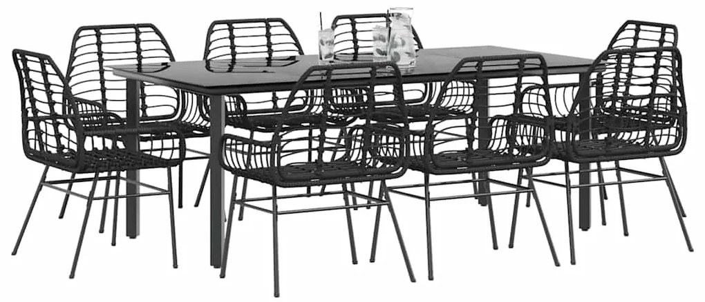 Conjunto de jantar jardim 9 peças vidro vime PE preto