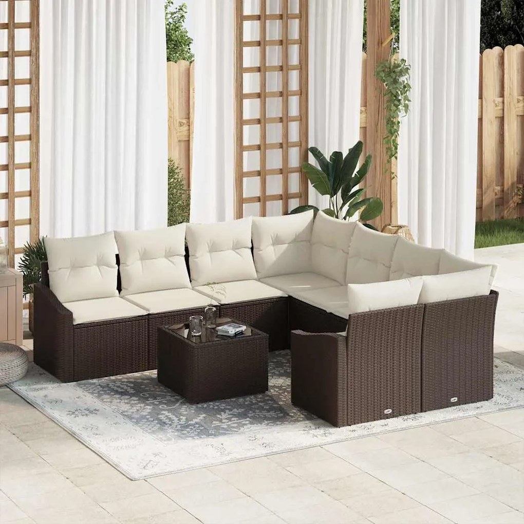 Conjunto de Sofá de Jardim 9 Peças com Almofadas Rattan Marrom
