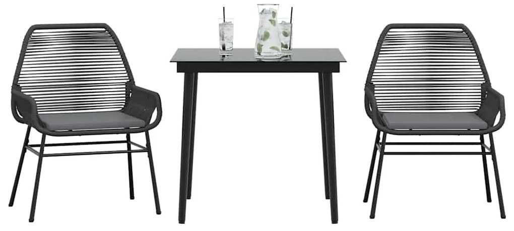 3 pcs conjunto jantar jardim almofadões vime PE vidro preto
