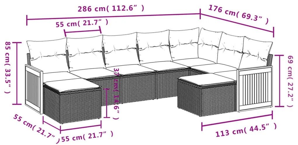 9 pcs conjunto de sofás p/ jardim com almofadões vime PE bege