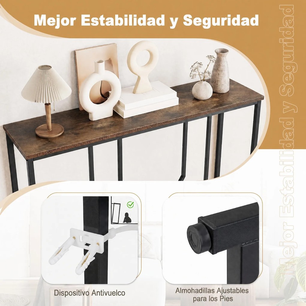 Mesa de Consola Industrial, 110 x 30 x 80 cm, Estrutura Metálica Resistente, Castanho+Preto