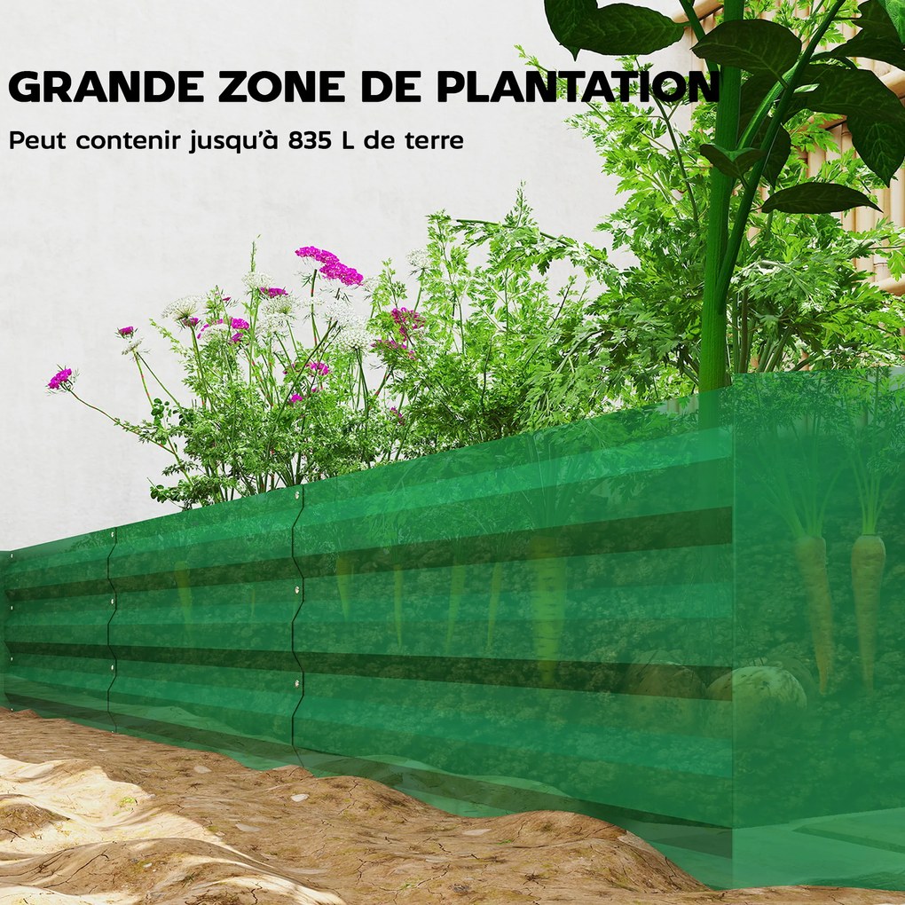 Floreira de jardim exterior 240 x 120 x 30 cm galvanizada com rebordo de segurança e fundo aberto, , verde