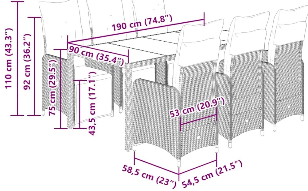 7 pcs conjunto de bistrô p/ jardim c/ almofadões vime PE preto
