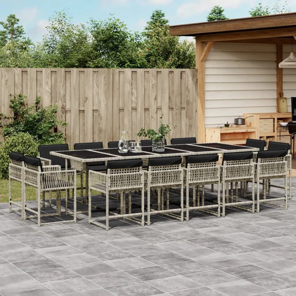 vidaXL 15 pcs conj. jantar jardim c/ almofadões vime PE cinzento-claro