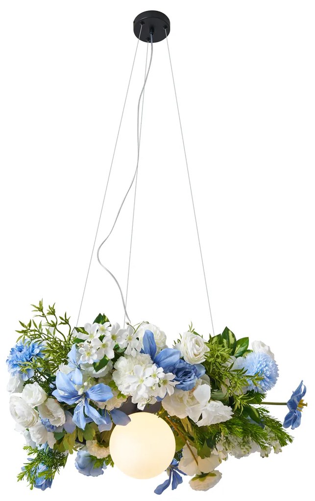 Candeeiro de teto boémio preto com flores coloridas azuis e brancas - Flower Power Boêmio