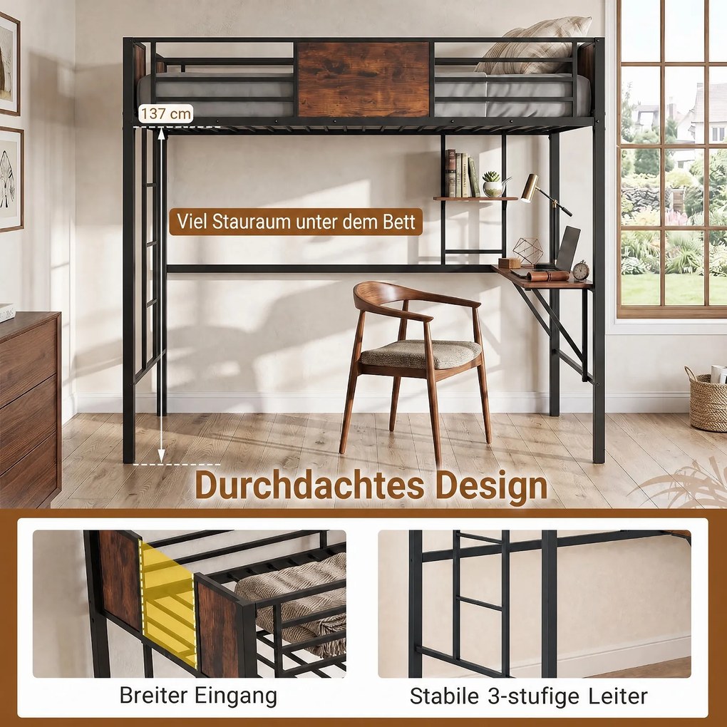 Cama infantil Alta com Secretária, 208 x 94 x 174 cm, Estrutura Metálica Reforçada, Castanho+Preto