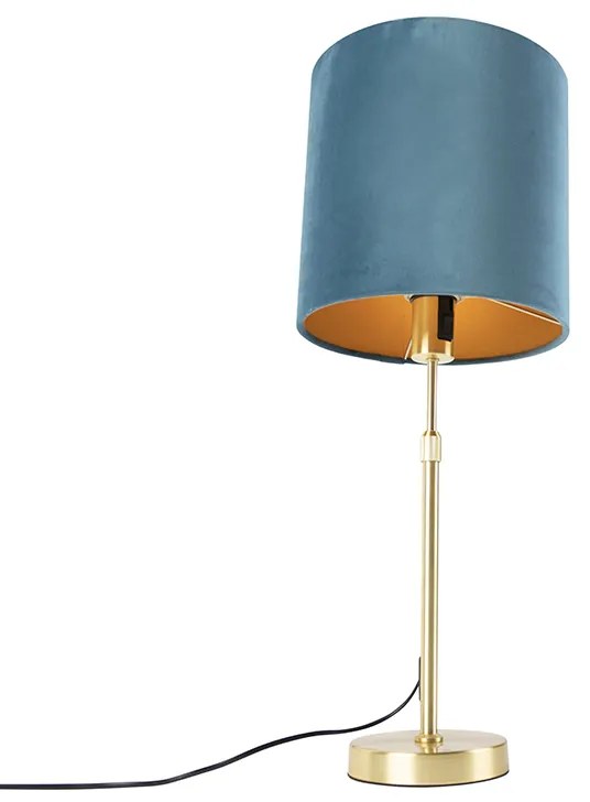 Candeeiro de mesa dourado/latão com abajur de veludo azul 25 cm - Parte Country / Rústico