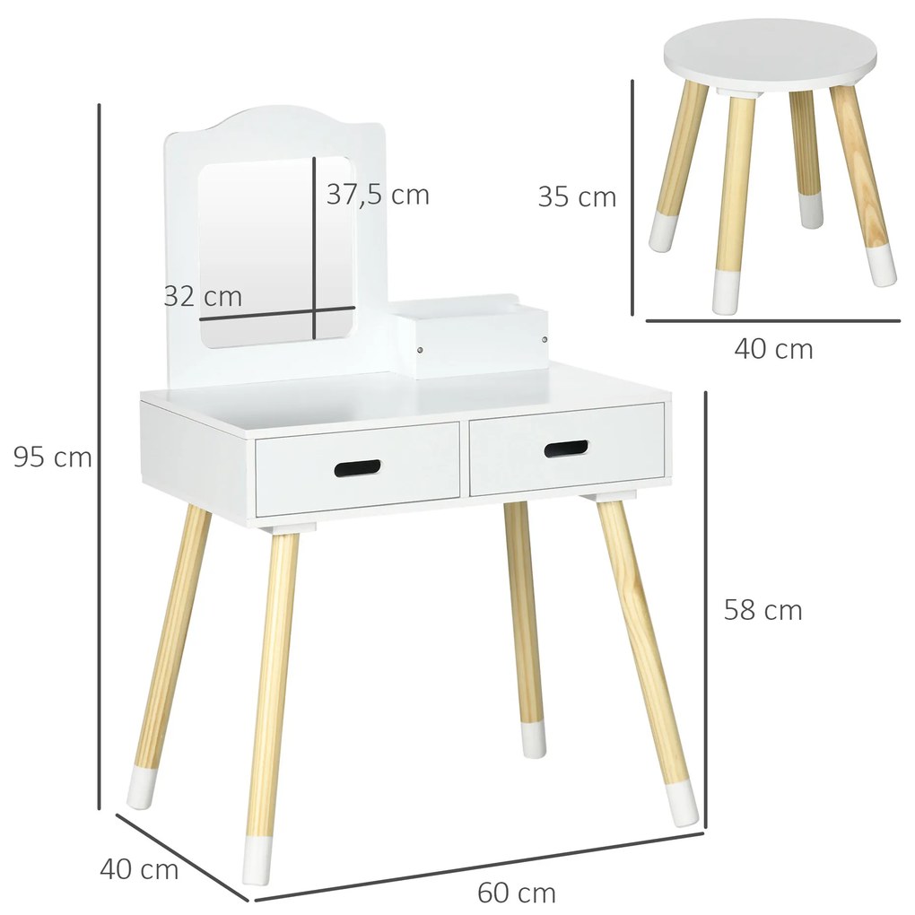 Toucador Infantil Toucador de Madeira Infantil com Banco Espelho e 2 Gavetas Brinquedo Educativo para Crianças de 3-6 Anos 60x40x95cm Branco