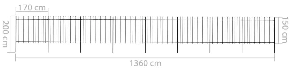 Cerca de jardim com topo em lanças 13,6x1,5 m aço preto